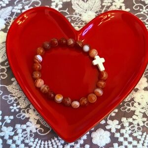 Elegant Beaded Carnelian Agate Bracelet with White Jade Cross Charm